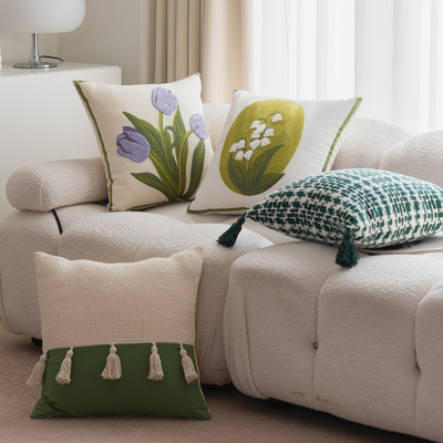 SaltLiving 清新绿系列抱枕铃兰郁金香花朵帆布编织客厅沙发靠垫