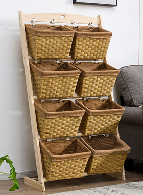 多层置物架卧室落地实木收纳架子防水储物皮筐客厅零食杂物架
