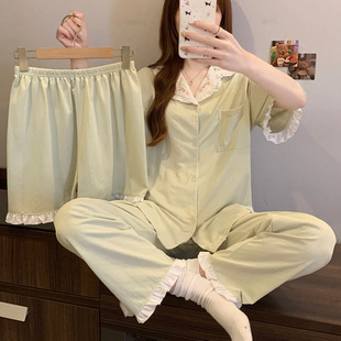 短袖 森系小清新ins风抹茶绿花边高级感仿棉睡衣女夏季 三件套