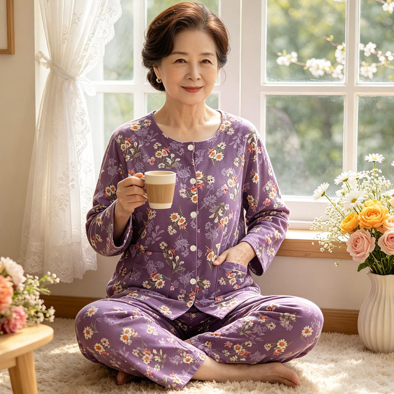 碎花气质睡衣女款秋季仿棉长袖圆领中老年奶奶家居服休闲套装
