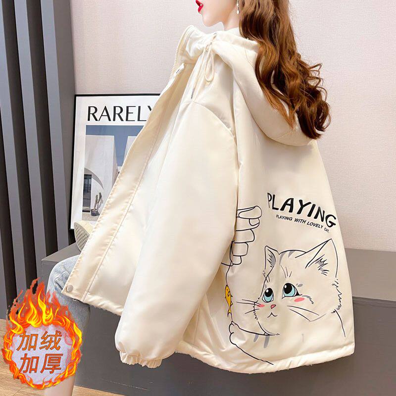 设计感猫咪仿造羊羔毛加绒外套女2025新款秋冬韩版学生棉衣棉服潮