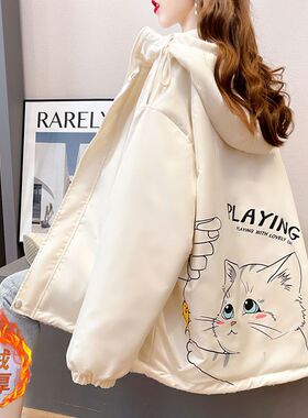 设计感猫咪仿造羊羔毛加绒外套女2025新款秋冬韩版学生棉衣棉服潮