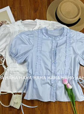 HAHA甜美泡泡袖系带蓝色上衣女夏季新款法式棉衬衫蓝色花边衬衣女