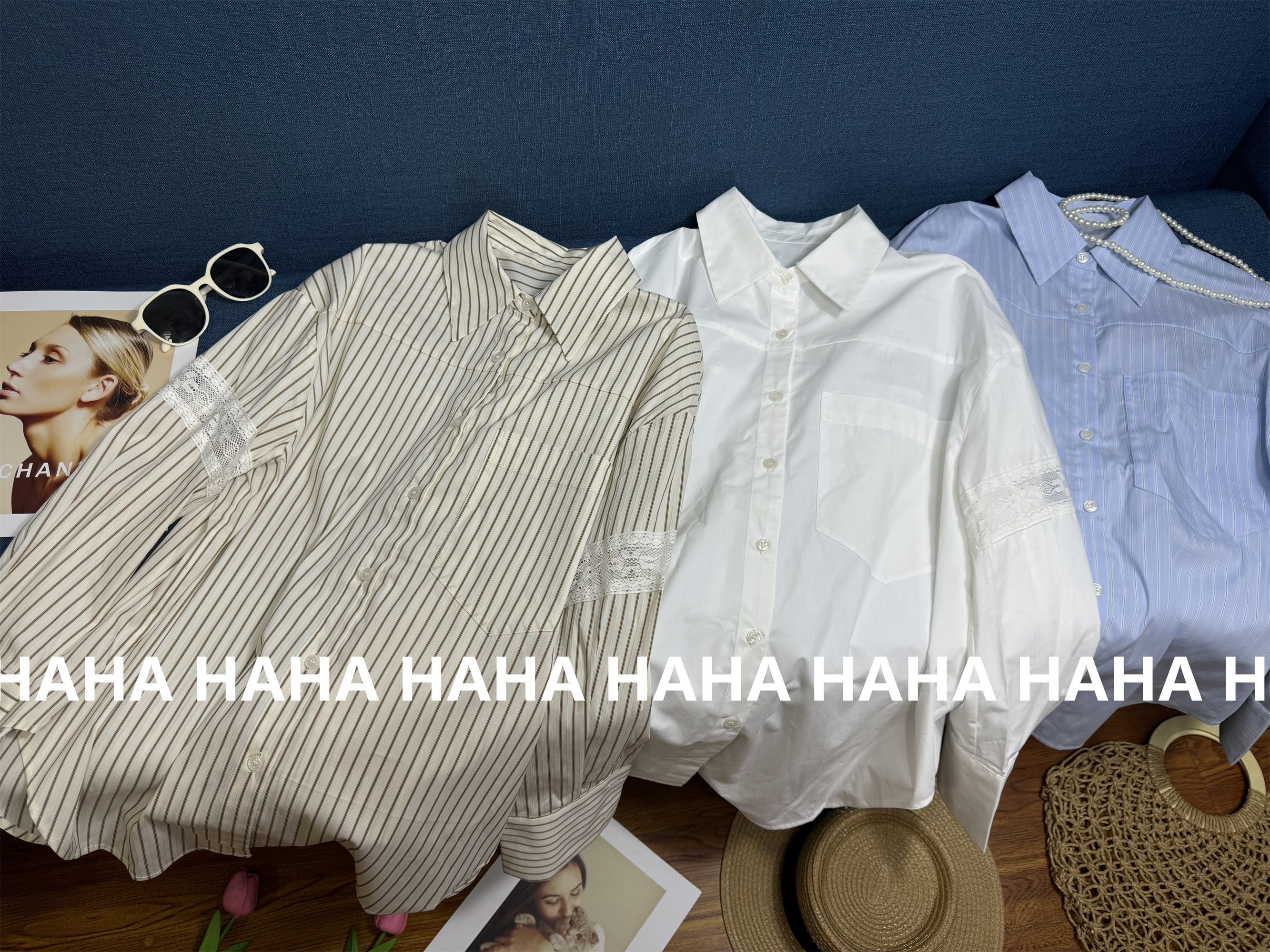 HAHA宽松阔版蕾丝拼接条纹防晒长袖法式衬衫女夏季新款中长款衬衣