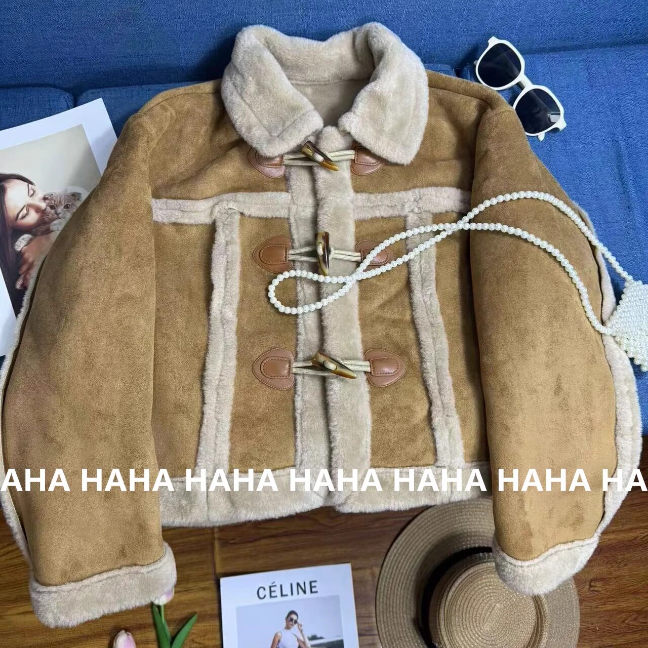 HAHA皮毛一体短外套女秋冬新款宽松毛绒夹克外套加厚牛角扣麂皮