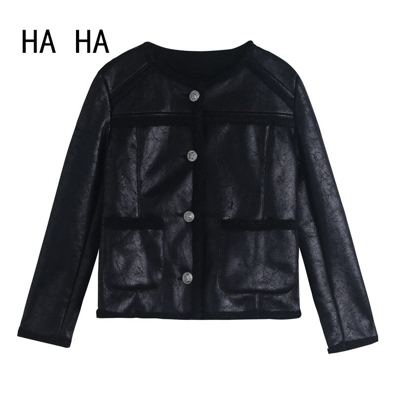 HAHA皮毛一体外套女秋冬韩版显瘦洋气黑色短款机车服羊羔毛仿皮草