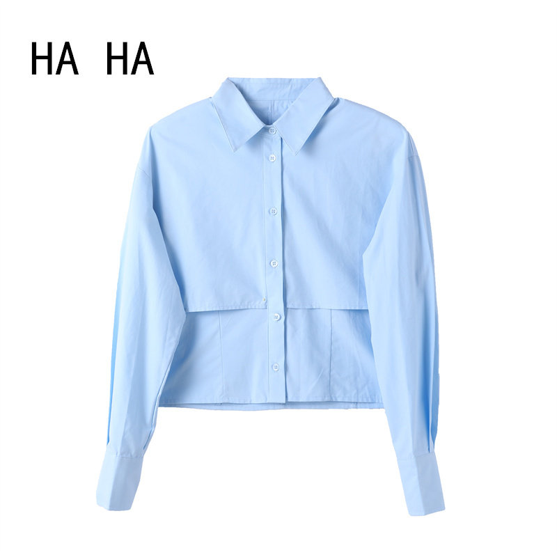 HAHA春秋季女装时尚小众设计感通勤风短款长袖衬衫假两件蓝色衬衫