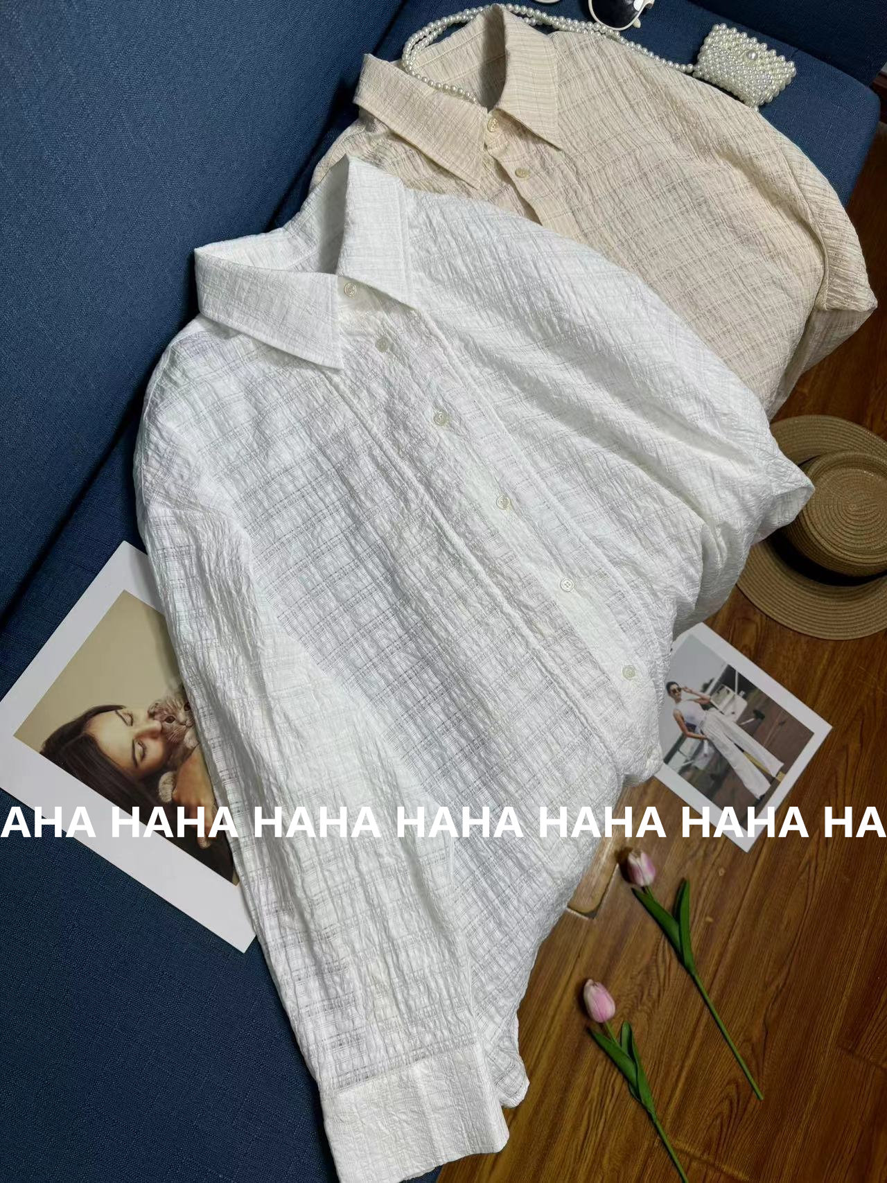 HAHA散养文化抽绳慵懒风长袖衬衫女春夏新款轻薄衬衣透气防晒罩衫