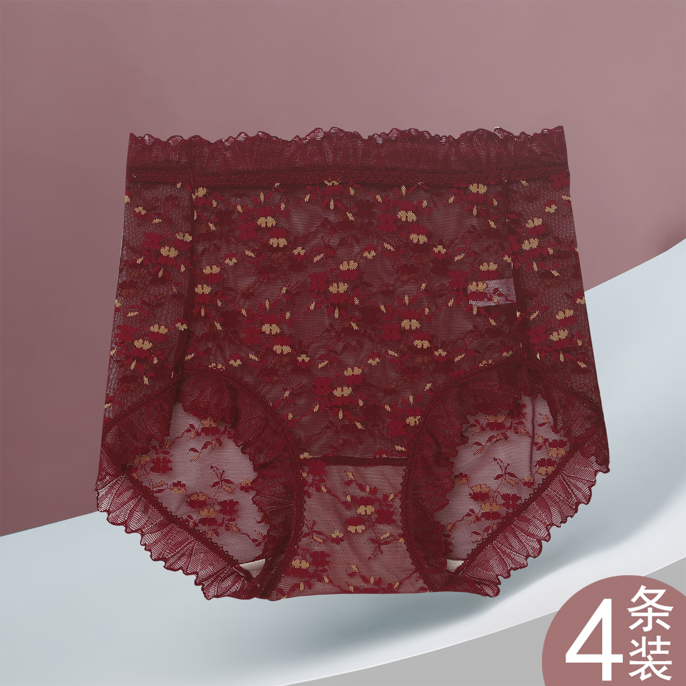 高腰蕾丝三角裤女酒红色花纹