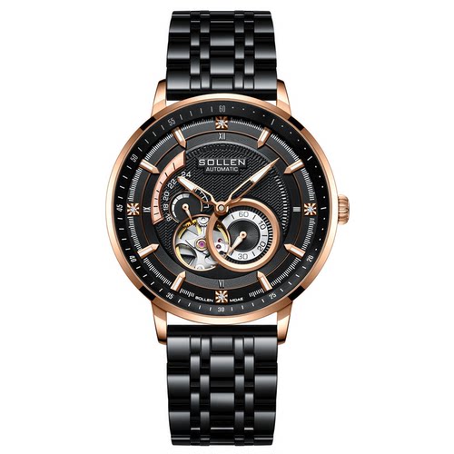 SOLLEN梭伦手表男士机械表全自动时尚名表男新款商务休闲夜光钢带