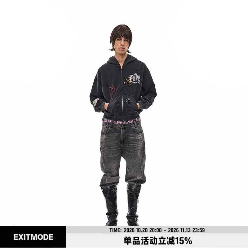 EXITMODE 26FW复古水洗做旧破洞趣味刺绣新款连帽卫衣男女同款