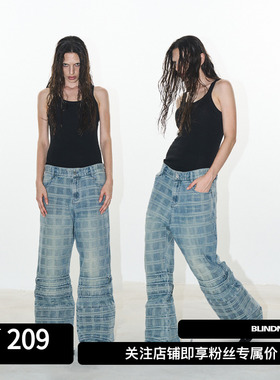 EXITMODE BY BLINDNOPLAN 24AW 做旧格纹拼接微喇牛仔水洗长裤