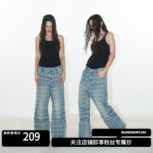 BLINDNOPLAN格纹微喇牛仔水洗裤