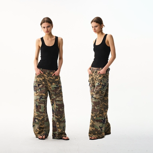 EXITMODE BY BLINDNOPLAN26SS水洗毛边拼接迷彩休闲工装微喇裤