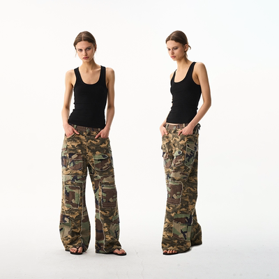 EXITMODE BY BLINDNOPLAN26SS水洗毛边拼接迷彩休闲工装微喇裤