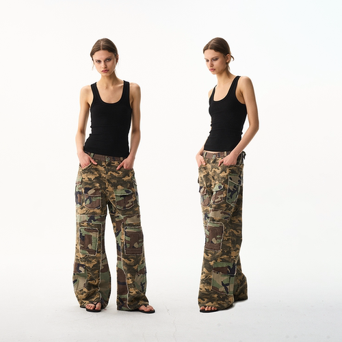 EXITMODE BY BLINDNOPLAN26SS水洗毛边拼接迷彩休闲工装微喇裤