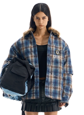 EXITMODE BY BLINDNOPLAN 25AW 毛领假两件刺绣格子衬衫加厚棉服