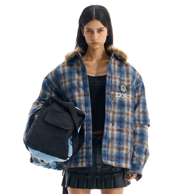 EXITMODE BY BLINDNOPLAN 25AW 毛领假两件刺绣格子衬衫加厚棉服