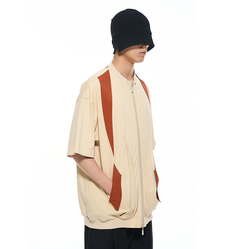 撞色切片分割短袖拉链T恤