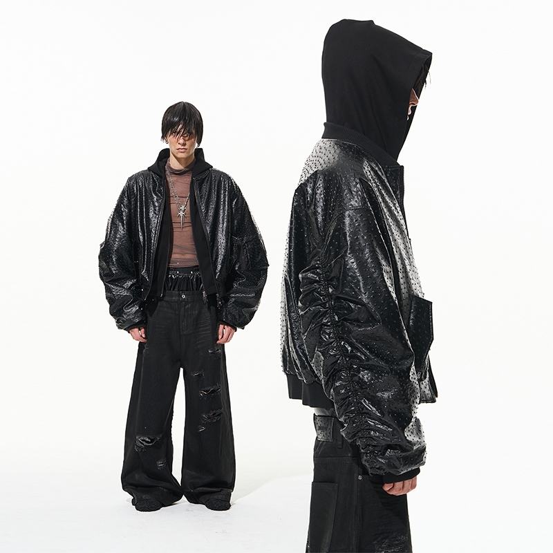 鸵鸟皮纹假两件皮棉衣外套