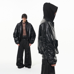 24AW鸵鸟皮纹假两件连帽卫衣皮棉衣外套 BLINDNOPLAN 明星同款