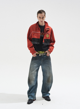 EXITMODE BY BLINDNOPLAN 25AW撞色毛边拼接弯刀做脏直筒牛仔长裤