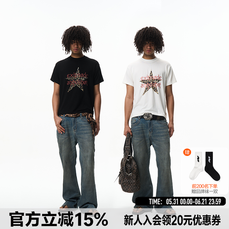 EXITMODE 26SS复古豹纹五角星字母印花T恤宽松短袖上衣男女同款