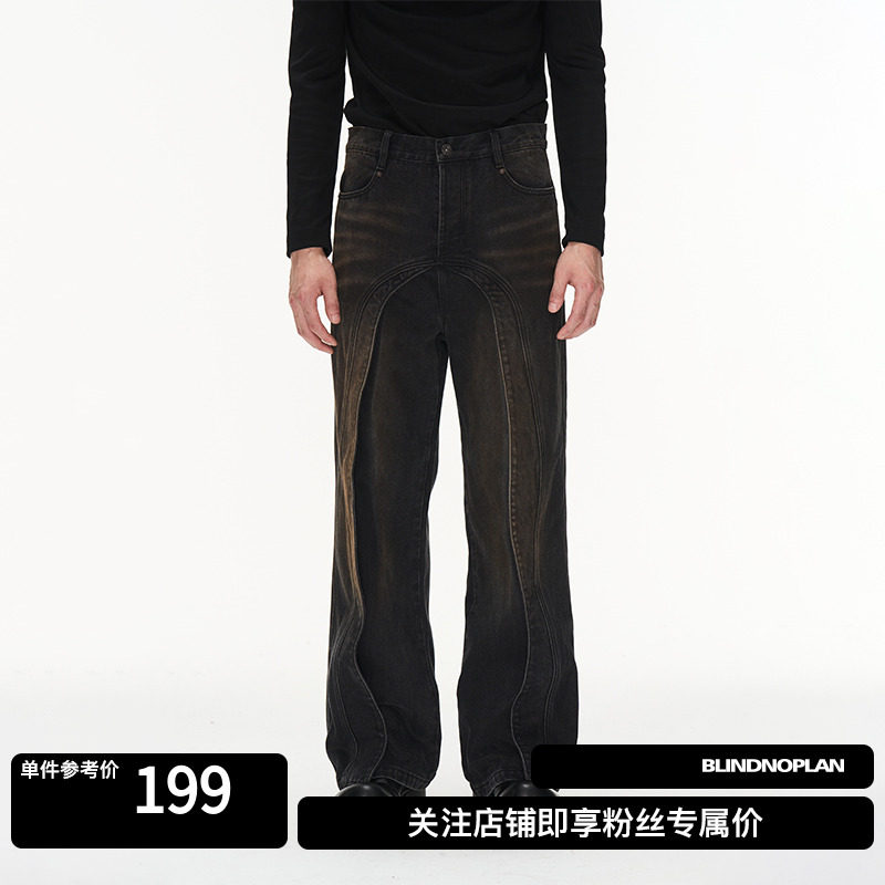 BLINDNOPLAN 23AW 洗水做旧立体飞褊纹理宽松直筒秋季牛仔长裤