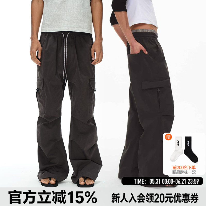 EXITMODE 26SS格纹双腰头捏褶多口袋拼接抽绳工装休闲裤男女同款