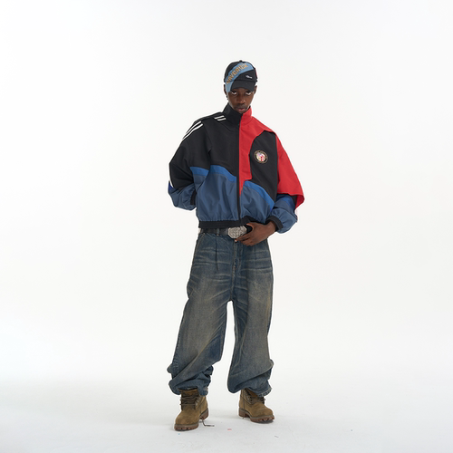 EXITMODE BY BLINDNOPLAN26SS拼接撞色毛边切割休闲宽松运动外套