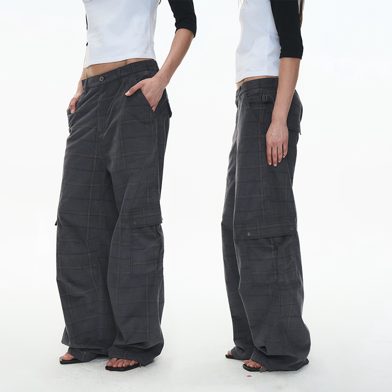 EXITMODE 26SS复古双色格纹薄款灯芯绒宽松休闲工装裤男女同款