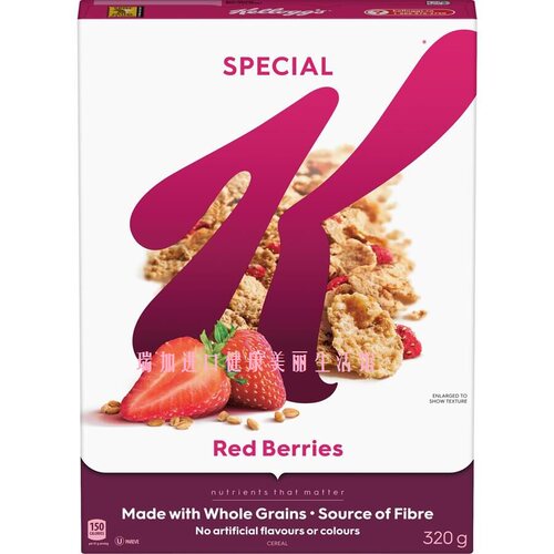 包邮加拿大Kellogg'家乐氏高纤饱腹低脂红浆果全麦脆麦片320g早餐