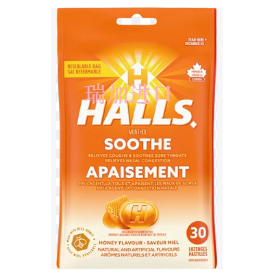 包邮加拿大Halls荷氏SOOTHING舒缓润喉糖30颗*2包蜂蜜口味