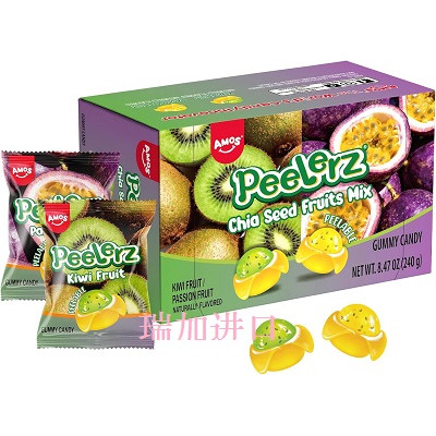 包邮加拿大Amos Peelerz剥皮迷你奇亚籽水果软糖240g猕猴桃百香果