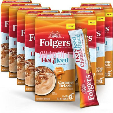 包邮加拿大购Folgers福爵Vanilla焦糖冷热冲速溶咖啡粉120克*8盒