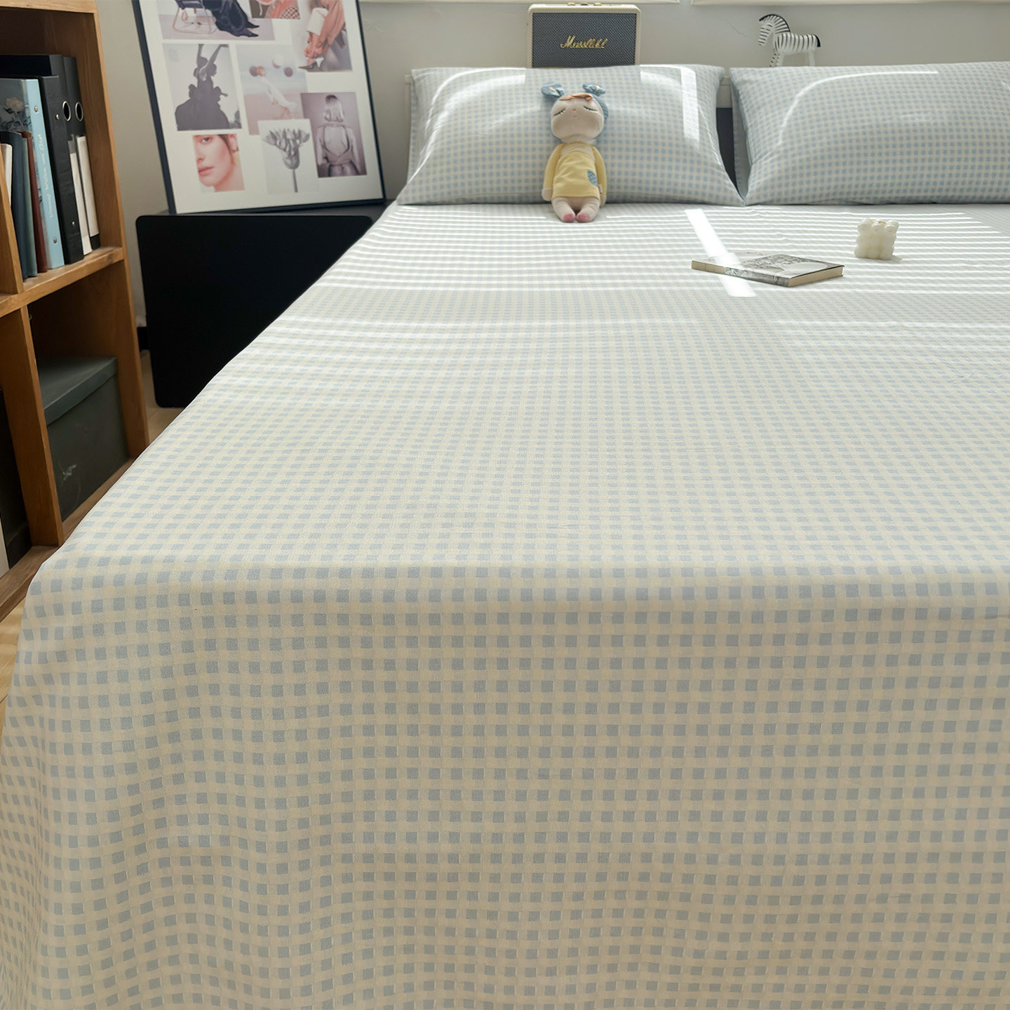 奶蓝小格高档加厚老粗布全棉床单加大炕单学生宿舍纯棉床笠三件套