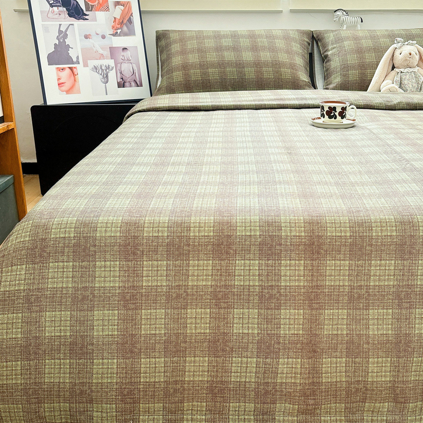 双层纱暗绿格简约纯棉四件套1.5m1.8米双人被罩全棉宿舍小三件套,床上用品,床品套件/四件套/多件套,淘宝优惠券,粉丝福利购,淘宝优惠卷