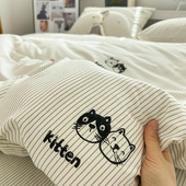 线条萌猫纯棉床上床品四件套全棉2024新款 学生宿舍床单被套3件套