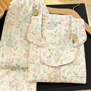 A类双层纱泡芙狗100%纯棉纱布睡衣女2025春秋新款长袖家居服套装