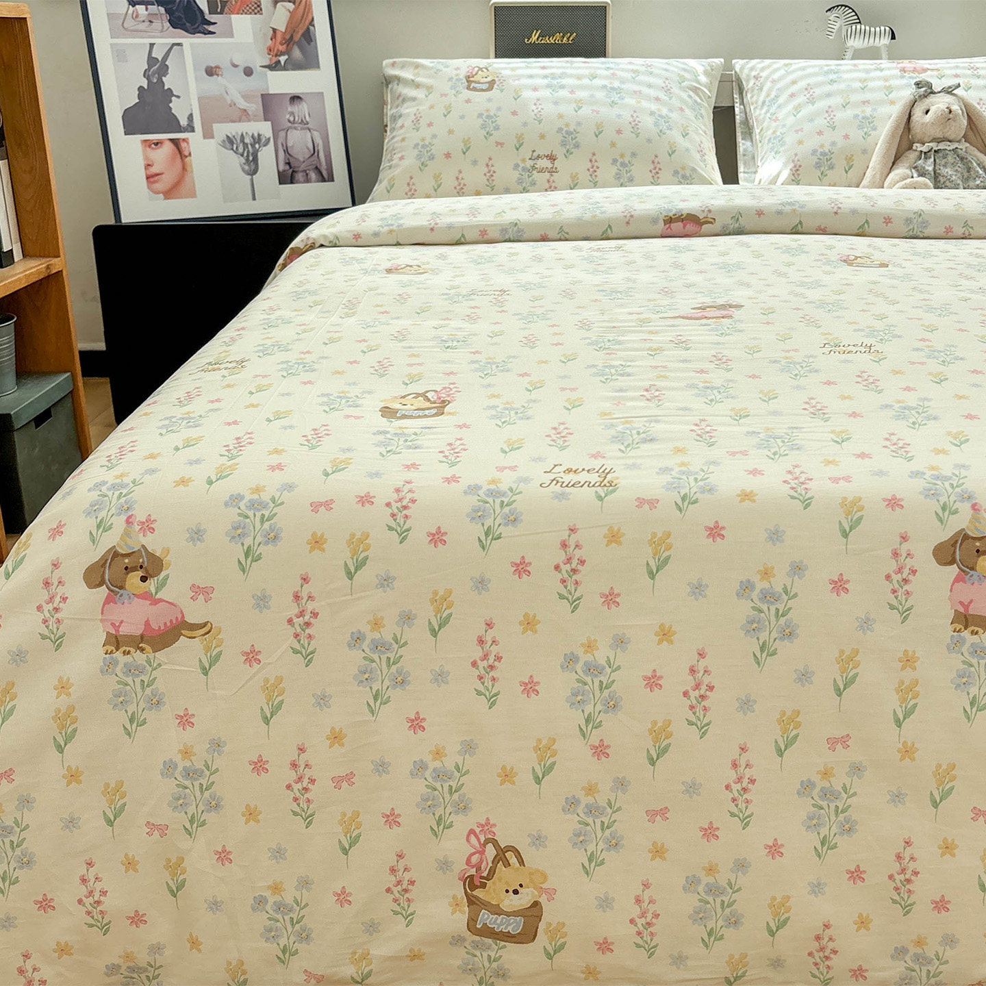 可爱卡通摇篮狗狗纯棉四件套全棉床笠1.5m1.8米三件套透气四季用