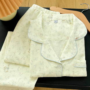 A类双层纱花枝兔小清新碎花翻领睡衣女款纯棉纱布休闲家居服套装