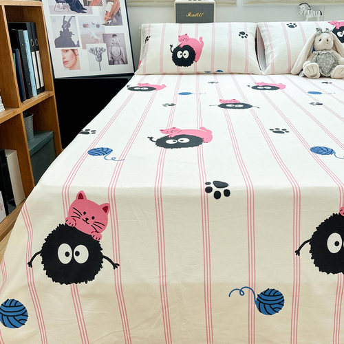 唐朝一只鱼纯棉老粗布线条猫床单