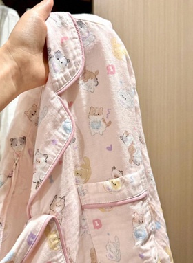 小奶猫翻领春秋款大码睡衣女士长袖纯棉双层纱布薄款家居服套装