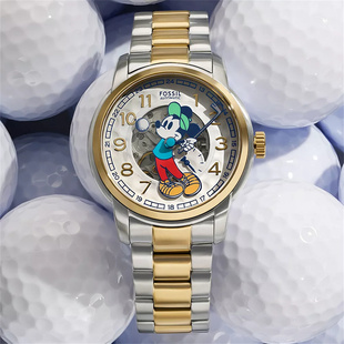 米奇高尔夫自动机械间金精钢男士 手表 Fossil迪士尼联名限量版 代购
