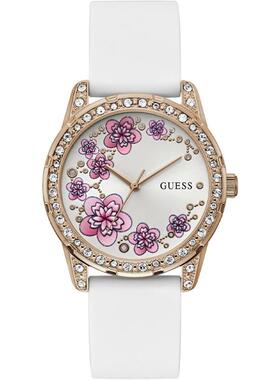 代购GUESS女士腕表石英夜光日期指针玫瑰金水晶白色硅胶带日常