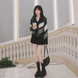 短款秋季长袖皮衣外套显瘦撞色拼接女装修身百搭春秋时尚休闲真皮图片