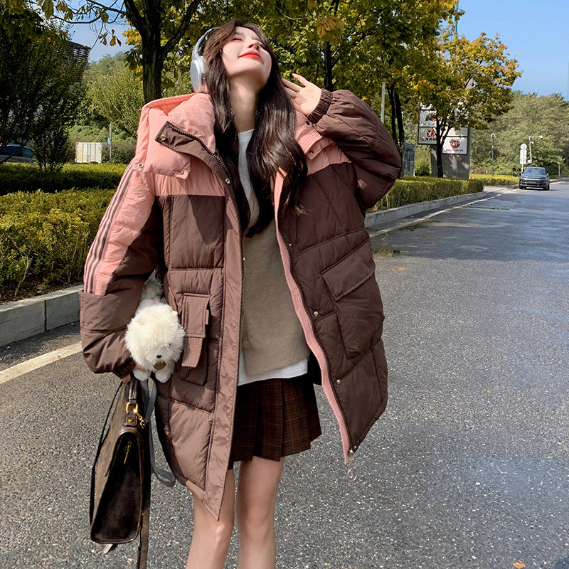 粉色连帽棉衣冬季女2024新款韩系宽松休闲撞色学院风加厚棉袄外套,女装棉衣/棉服,浙宝199