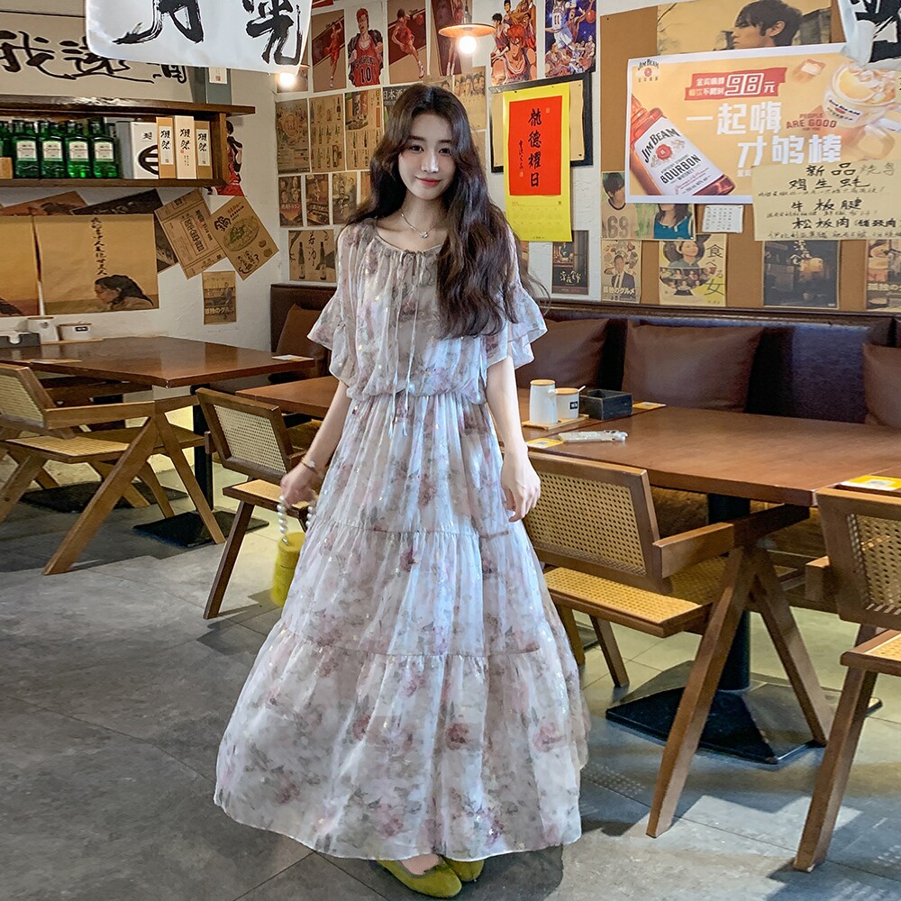 浪漫减龄露肩荷叶袖碎花连衣裙女2025夏季仙气飘飘高级感日系长裙,女装连衣裙,浙宝199