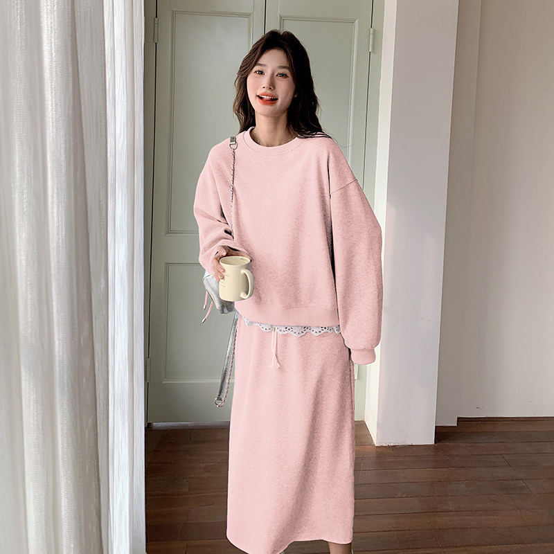 蕾丝花边拼接卫衣套装裙女2025春季新款韩系简约休闲半身裙两件套,女装套装/套裙,浙宝199