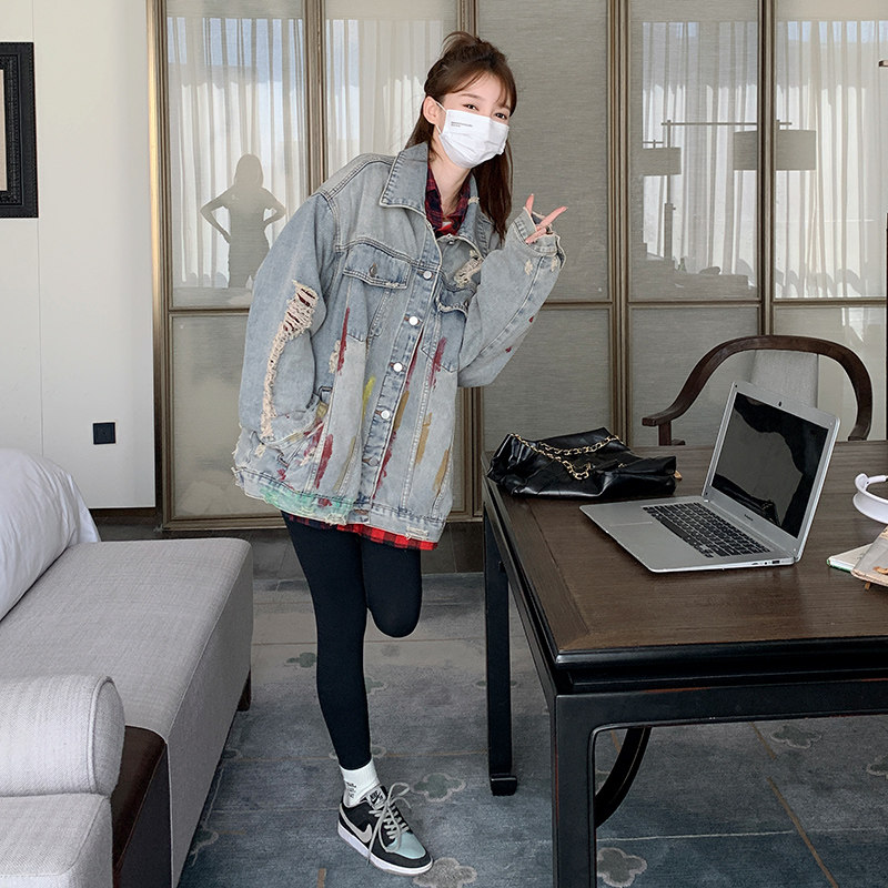 早秋复古设计感破洞做旧外套女2025新款时尚格子衬衫上衣,女装短外套,浙宝199